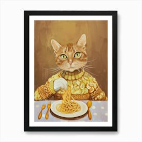 Cute Brown White Cat Eating Pasta Folk Illustration 4 Art Print