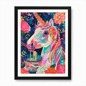 Unicorn Eating Ramen Floral Painting Art Print