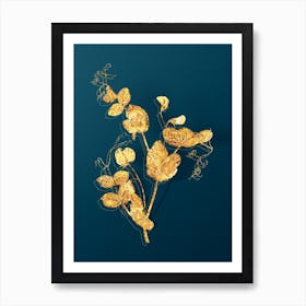 Vintage White Pea Flower Botanical in Gold on Teal Blue n.0303 Art Print