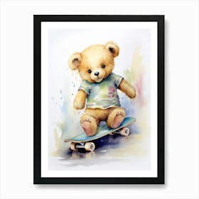 Skateboarding Teddy Bear Painting Watercolour 3 Art Print