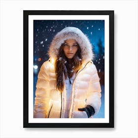 Woman in glowing mystic down jacket in falling snow Art Print