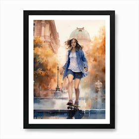 Girl Skateboarding In Buenos Aires, Argentina Watercolour 3 Art Print