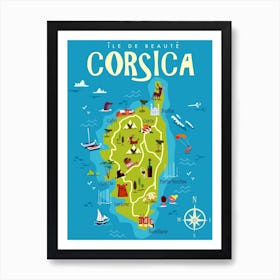 Corsica Map Poster Green & Blue Art Print