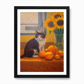Sunflower With A Cat 4 Pointillism Style Art Print