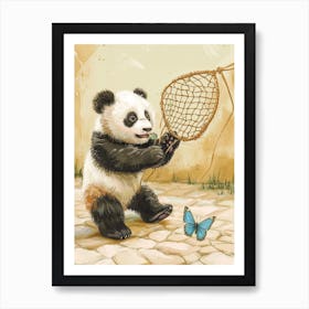 Giant Panda Cub Playing With A Butterfly Net Storybook Illustration 1 Art Print