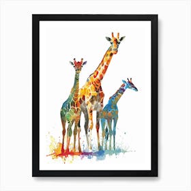 Giraffe Family Yellow & Blue Watercolour Art Print