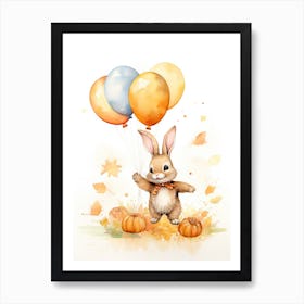 Rabbit Flying With Autumn Fall Pumpkins And Balloons Watercolour Nursery 2 Art Print