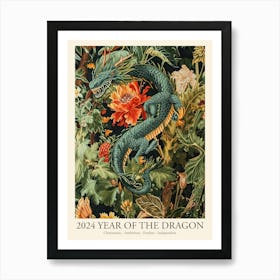 Lunar Year Of The Dragon 2024 Greend Dragon Art Chinese Zodiac Floral Botanical Art Print