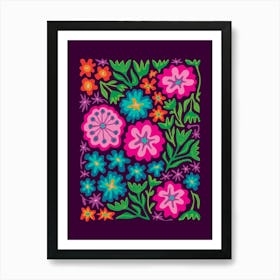 SAYULITA 70s Mexican-Inspired Tropical Floral Botanical in Bright Rainbow Colours on Deep Purple Art Print