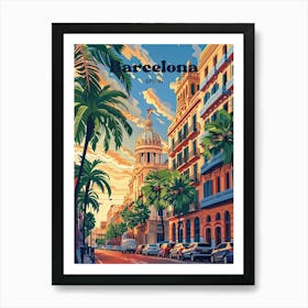 Barcelona Summer Sunset Travel Art Art Print