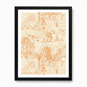 Hawaiian Toile Polynesian Hula Dance Tropical Landscape Tangerine Orange Cream White Poster