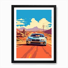 A Subaru Impreza Car In Route 66 Flat Illustration 3 Affiche