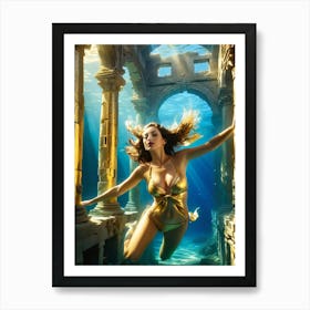 Woman swimming in gold underwater ruin 6 Art Print