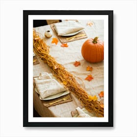 Autumn Themed Dinner Table Centerpiece Of Intertwined Golden Orange Pumpkin Vines Scattered Leaves (4) Art Print