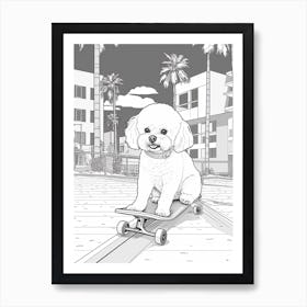 Bichon Frise Dog Skateboarding Line Art 1 Art Print