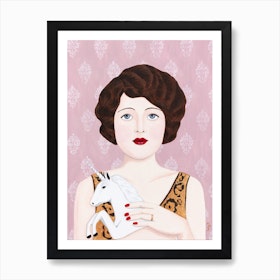 Woman With White Unicorn Art Print