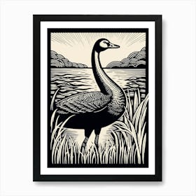 B&W Bird Linocut Goose 2 Art Print
