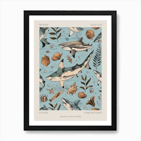 Pastel Blue Squatina Genus Shark Watercolour Seascape Pattern 1 Poster Art Print