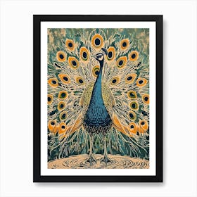 Blue Mustard Peacock Linocut Inspired 2 Art Print