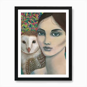 Owl And Woman Art Print