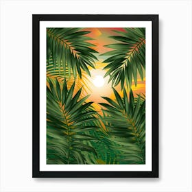 Sunset In The Jungle - A stunning and vivid illustration of palm leaves against a bright Art Print