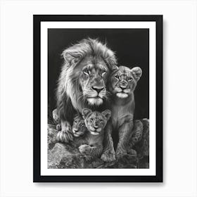 African Lion Charcoal Drawing Family Bonding 1 Art Print