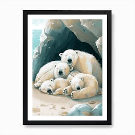 Polar Bear Family Sleeping In A Cave Storybook Illustration 4 Art Print