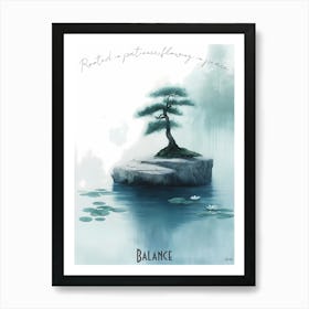 Zen Bonsai And Gentle Stream, soft palette watercolor minimalist Calm Poster Art Print