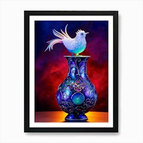 Bird With Radiant Iridescent Feathers Perched On An Ornately Decorated Pot Amidst A Flow Of Vibran Poster