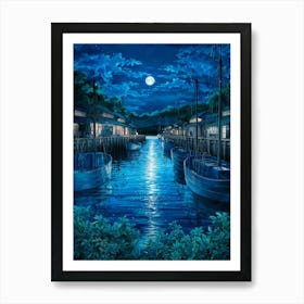 Anime Canvas Art: Tranquil Moonlit Harbor with Boats and Reflections, Perfect for Lofi Aesthetic and Peaceful Night Scene Lovers. Art Print