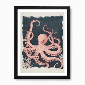 Linocut Inspired Red Octopus With The Coral 2 Art Print