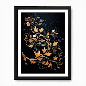 Golden Leaves On Black Background 1 Art Print