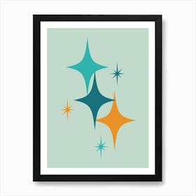 Mid Century Modern Atomic Starburst Teal, Orange, Aqua Art Print