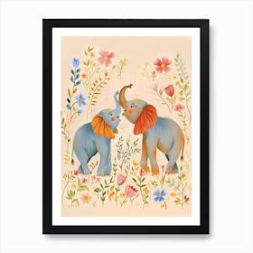 Folksy Floral Animal Drawing Elephant 3 Art Print