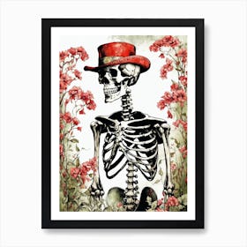 Floral Skeleton With Hat Ink Painting (40) Art Print