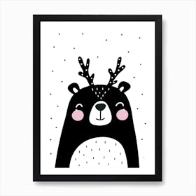 Scandi Black Bear With Antlers Art Print