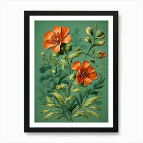 Orange Flowers On A Green Background Art Print