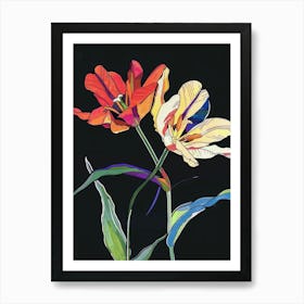 Neon Flowers On Black Tulip 2 Art Print