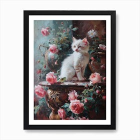 Rococo Painting Inspired Of Kitten With Pink Flowers  Art Print