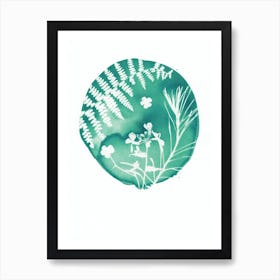 Sea Green Ferns And Flowers Circle Art Print