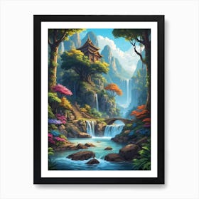 Asian Landscape With Waterfall Art Print