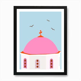 Santorini Travel Greece Pink And Blue Art Print