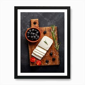 Olives and feta cheese — Food kitchen poster/blackboard, photo art Art Print