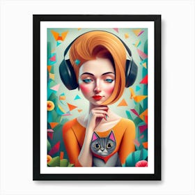 Girl Listening To Music With Cat Art Print