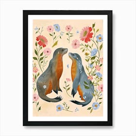 Folksy Floral Animal Drawing Elephant Seal Art Print