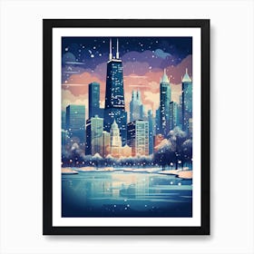 Winter Travel Night Illustration Chicago Usa 3 Art Print