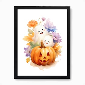 Cute Ghost With Pumpkins Halloween Watercolour 24 Art Print