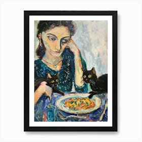 Portrait Of A Woman With Cats Eating Pasta 1 Art Print