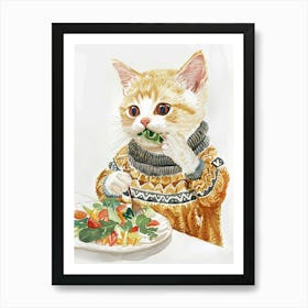 White Tan Cat Eating Salad Folk Illustration 4 Art Print