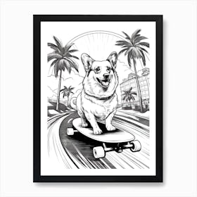 Corgi Dog Skateboarding Line Art 3 Art Print